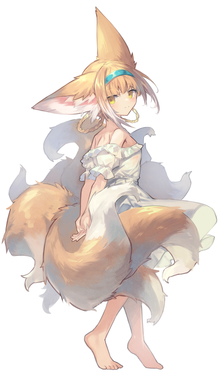 1girl animal_ears arknights blonde_hair blue_hairband braid commentary_request dress fox_ears fox_tail from_side full_body hairband highres kitsune kyuubi looking_at_viewer multicolored_hair multiple_tails off-shoulder_dress off_shoulder sasa_onigiri short_hair sidelocks simple_background smile solo standing streaked_hair suzuran_(arknights) tail white_background white_dress white_hair yellow_eyes