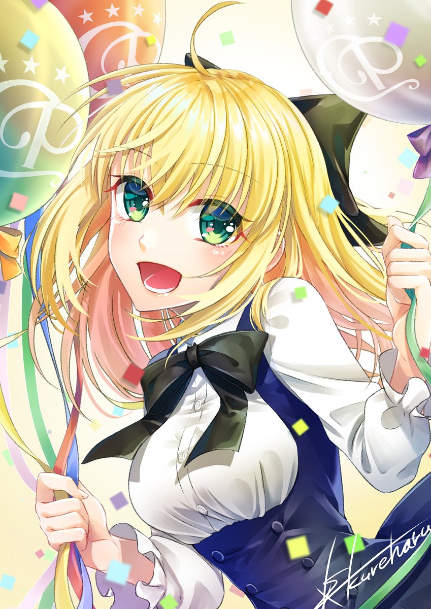 1girl :d ahoge artoria_pendragon_(all) balloon bangs black_bow black_neckwear black_ribbon blonde_hair blue_dress boots bow brown_footwear cross-laced_footwear dress eyebrows_visible_through_hair fate/grand_order fate/unlimited_codes fate_(series) green_eyes hair_bow highres holding_balloon kureharu_kuk long_sleeves looking_at_viewer open_mouth ribbon saber_lily short_hair simple_background sitting smile solo white_background
