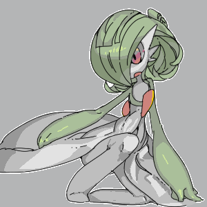 1girl bangs bob_cut colored_sclera colored_skin commentary_request flat_chest full_body gardevoir green_hair green_skin grey_background grey_sclera grey_skin hair_over_one_eye lowres multicolored_skin one_eye_covered one_knee open_mouth outline oyama_yoihaya pokemon pokemon_(creature) red_eyes short_hair simple_background solo two-tone_skin white_outline
