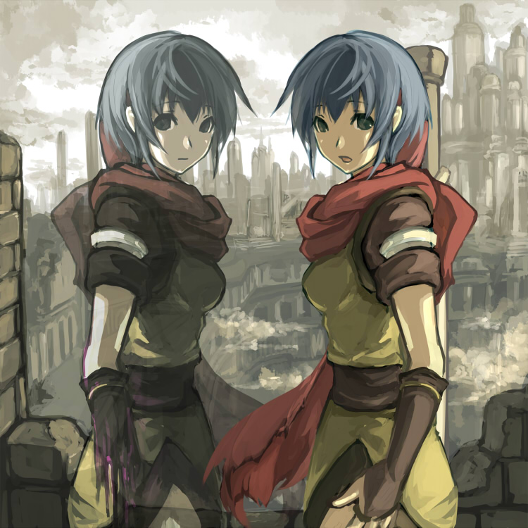 2girls arms_at_sides bad_id bad_pixiv_id bangs bealphareth blue_hair breasts bridal_gauntlets brown_sash brown_shirt city closed_mouth clouds cloudy_sky cowboy_shot dissolving dress dual_persona expressionless eyebrows_visible_through_hair from_side green_eyes hair_between_eyes harusame_(rueken) headband looking_at_viewer looking_to_the_side medium_breasts multiple_girls open_mouth outdoors philia_(bealphareth) red_headband red_scarf sash scarf shirt short_hair short_sleeves side_slit sidelocks sky sleeveless sleeveless_dress standing torn_scarf yellow_dress