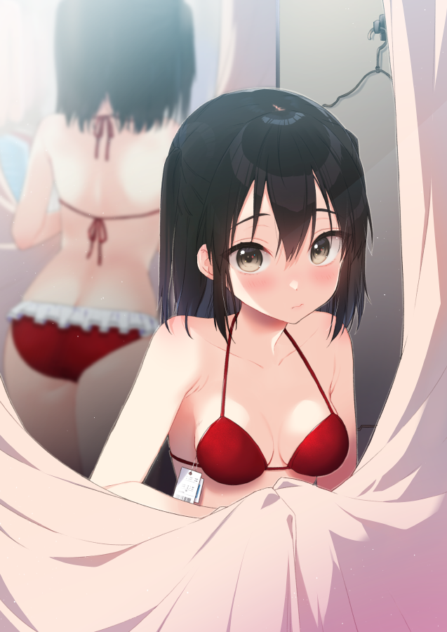 1girl ass bangs bikini black_hair blush breasts closed_mouth commission covering curtains dated fitting_room frilled_bikini frills hair_between_eyes hair_down kantai_collection koruri looking_at_viewer medium_breasts medium_hair mirror price_tag red_bikini reflection sendai_(kancolle) skeb_commission solo swimsuit twitter_username