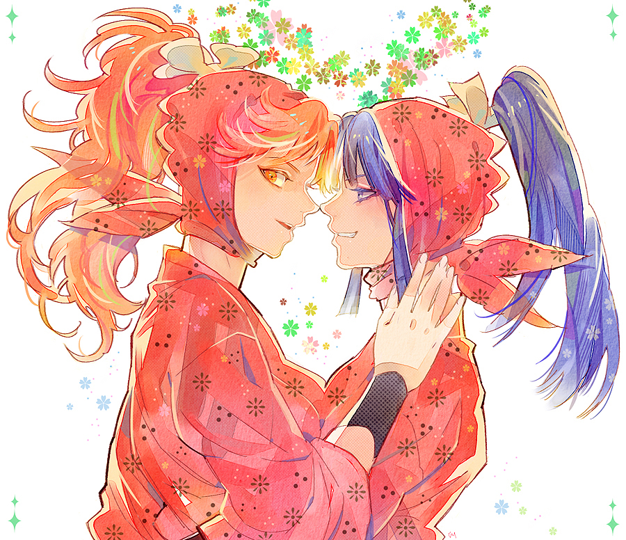 2girls blue_eyes blue_hair breast_press brown_hair face-to-face floral_background from_side funpjinju grin hand_up high_ponytail hood long_hair long_sleeves looking_at_another looking_at_viewer multiple_girls ninja noses_touching orange_eyes orange_hair parted_lips ponytail profile rakudai_ninja_rantarou scarf school_uniform sideways_glance smile symmetrical_docking tomomi_(rakudai_ninja_rantarou) upper_body white_background wristband yuki_(rakudai_ninja_rantarou)