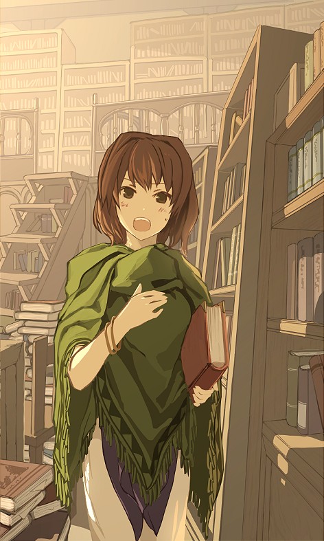 1girl bad_id bad_pixiv_id bangs bealphareth blush book book_stack bookshelf bracelet breasts brown_eyes brown_hair chair commentary_request eyebrows_behind_hair furrowed_brow hair_intakes hand_up harusame_(rueken) holding holding_book indoors jewelry library looking_at_viewer noel_(bealphareth) open_mouth pants shawl short_hair small_breasts solo stairs standing sweatdrop teeth upper_teeth white_pants wide_sleeves