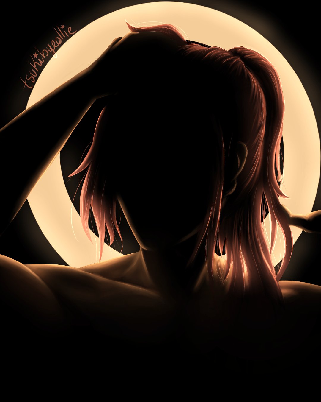 1boy arm_up backlighting bangs black_background cherry_blossom_(sk8) collarbone facing_viewer hand_in_hair highres holding long_hair male_focus muscular muscular_male pink_hair shoulders silhouette sk8_the_infinity tied_hair topless_male tsukibyeollie twitter_username