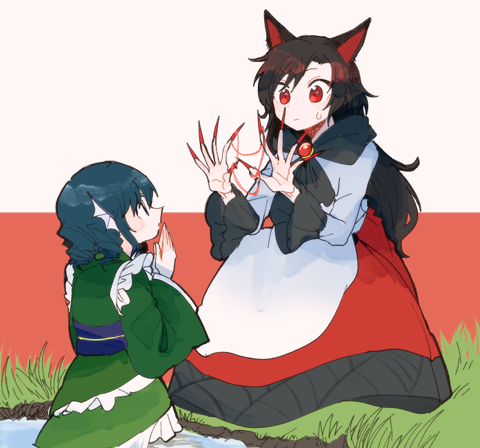 2girls :o animal_ears bangs beige_background black_hair blue_hair blue_sash brooch cat's_cradle closed_mouth curly_hair dark_blue_hair dress fingernails frilled_kimono frilled_sleeves frills from_behind from_side full_body grass green_kimono hands_up head_fins imaizumi_kagerou itomugi-kun japanese_clothes jewelry kimono long_dress long_fingernails long_sleeves looking_at_another looking_away looking_down looking_up multiple_girls obi open_hands outdoors own_hands_together palms_together parted_bangs parted_lips profile raised_eyebrow red_background red_eyes red_nails sash sharp_fingernails short_hair string sweat touhou two-tone_background two-tone_dress wakasagihime water wide_sleeves wolf_ears