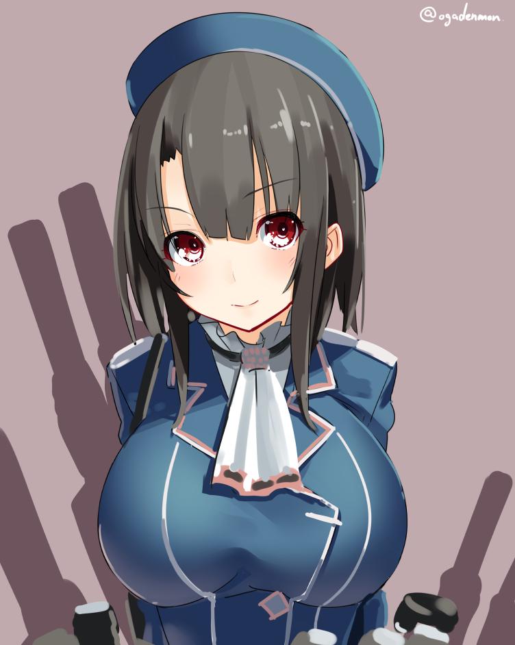 1girl arm_under_breasts bangs beret black_gloves black_hair blue_headwear breasts closed_mouth gloves grey_background hat high_collar highres kantai_collection large_breasts military military_uniform ogadenmon red_eyes short_hair takao_(kantai_collection) uniform white_neckwear