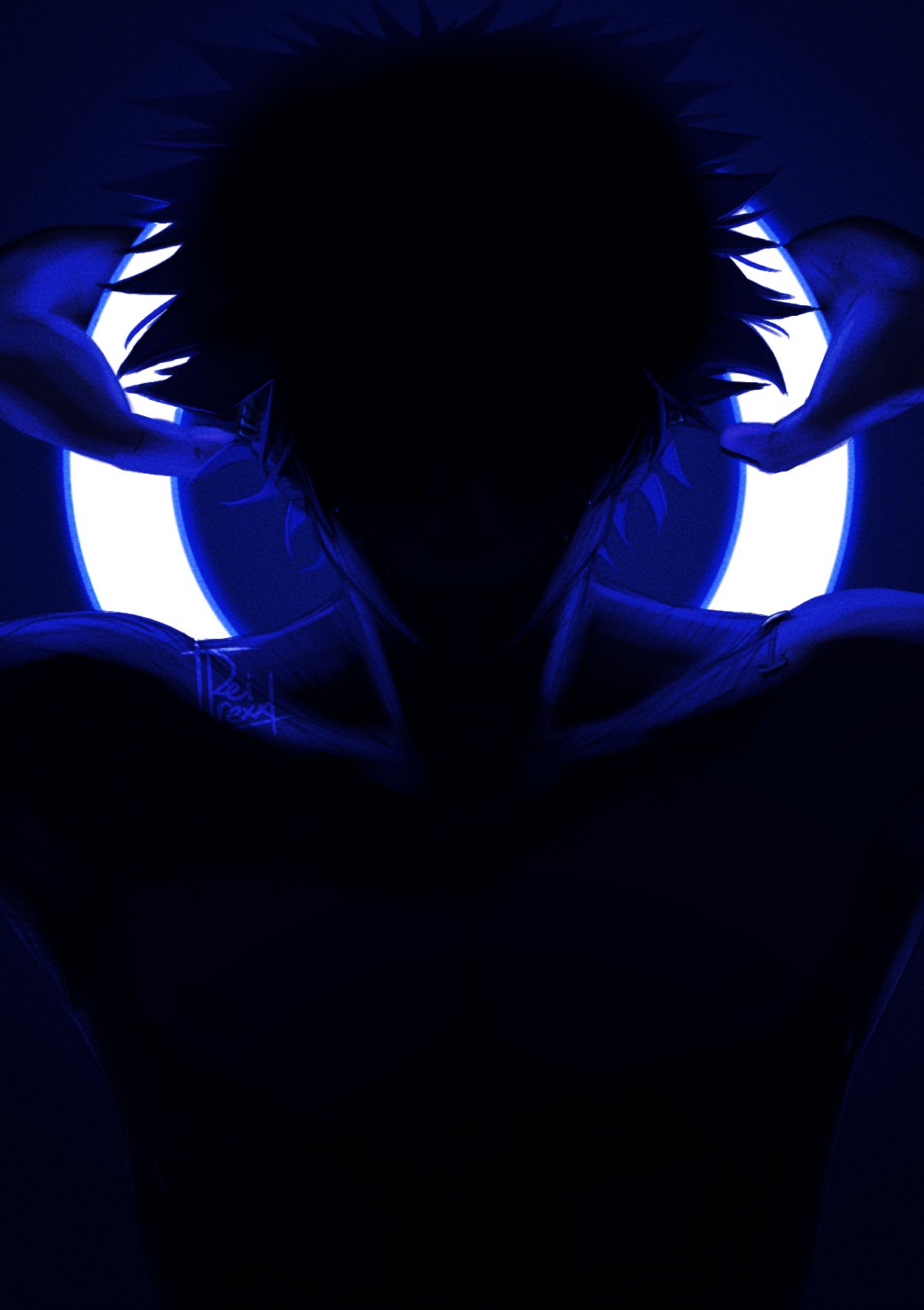 1boy arms_behind_head backlighting black_background blue_theme boku_no_hero_academia burn_scar dabi_(boku_no_hero_academia) ear_piercing facing_viewer highres holding male_focus piercing reirexx1 scar shoulders silhouette spiky_hair stapled toned toned_male topless_male twitter_username