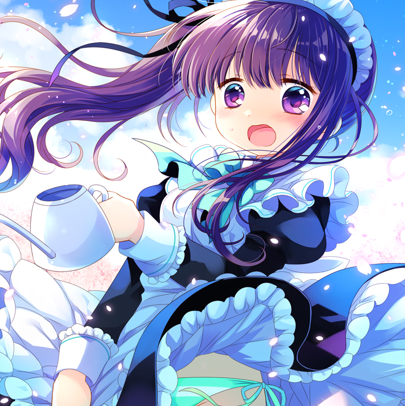 1girl apron bangs black_dress blue_bow blue_sky blush bow brown_hair clouds commentary_request day dress eyebrows_visible_through_hair floating_hair frilled_apron frills hair_between_eyes holding juliet_sleeves long_hair long_sleeves maid_headdress open_mouth original outdoors panties puffy_sleeves sakurazawa_izumi side-tie_panties side_ponytail sky solo striped striped_panties sweat underwear very_long_hair violet_eyes watering_can wavy_mouth white_apron