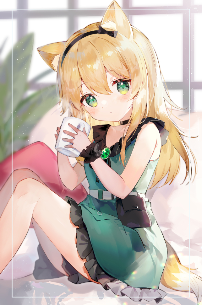 1girl animal_ears arknights bangs bare_legs bare_shoulders belt belt_pouch black_hairband blonde_hair blush brooch cup dog_ears dog_girl dog_tail dress eyebrows_visible_through_hair gem green_dress green_eyes hairband holding holding_cup indoors jewelry knees_up long_hair looking_at_viewer mug official_alternate_costume parted_lips pillow podenco_(arknights) podenco_(wake_up_from_a_nap)_(arknights) pouch scrunchie sitting sleeveless sleeveless_dress solo tail toufu_mentaru_zabuton window wrist_scrunchie younger