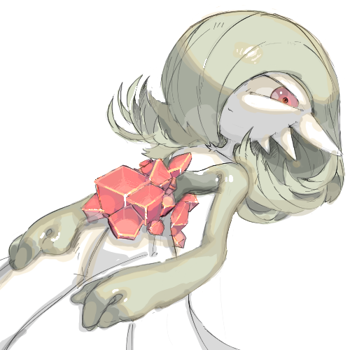 1girl bangs bob_cut closed_mouth collarbone colored_skin commentary cowboy_shot crystal flat_chest gardevoir green_hair green_skin hair_over_one_eye half-closed_eyes looking_to_the_side lowres lying multicolored_skin on_back one_eye_covered oyama_yoihaya pokemon pokemon_(creature) red_eyes shiny shiny_hair shiny_skin short_hair sideways_mouth simple_background solo two-tone_skin white_background white_skin