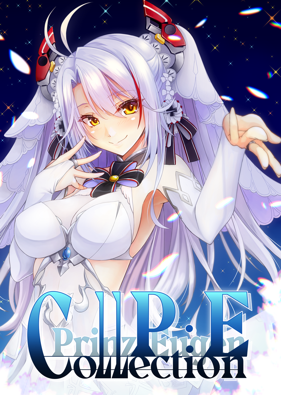 1girl artist_name azur_lane breasts bridal_gauntlets bridal_veil dress gekato hair_between_eyes headgear highres large_breasts looking_at_viewer multicolored_hair official_alternate_costume prinz_eugen_(azur_lane) prinz_eugen_(symphonic_fate)_(azur_lane) redhead solo streaked_hair two-tone_hair upper_body veil wedding_dress white_dress white_hair yellow_eyes