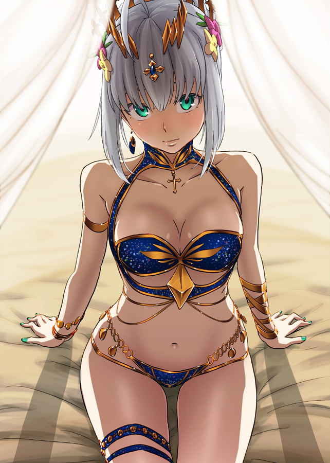1girl 4690_(tkpbsk) ahoge armband blush braid breasts collarbone crown earrings fate/grand_order fate_(series) french_braid gray_(fate) green_eyes green_nails grey_hair harem_outfit jewelry looking_at_viewer lord_el-melloi_ii_case_files medium_breasts nail_polish navel on_bed revealing_clothes sitting sitting_on_bed solo thigh_strap