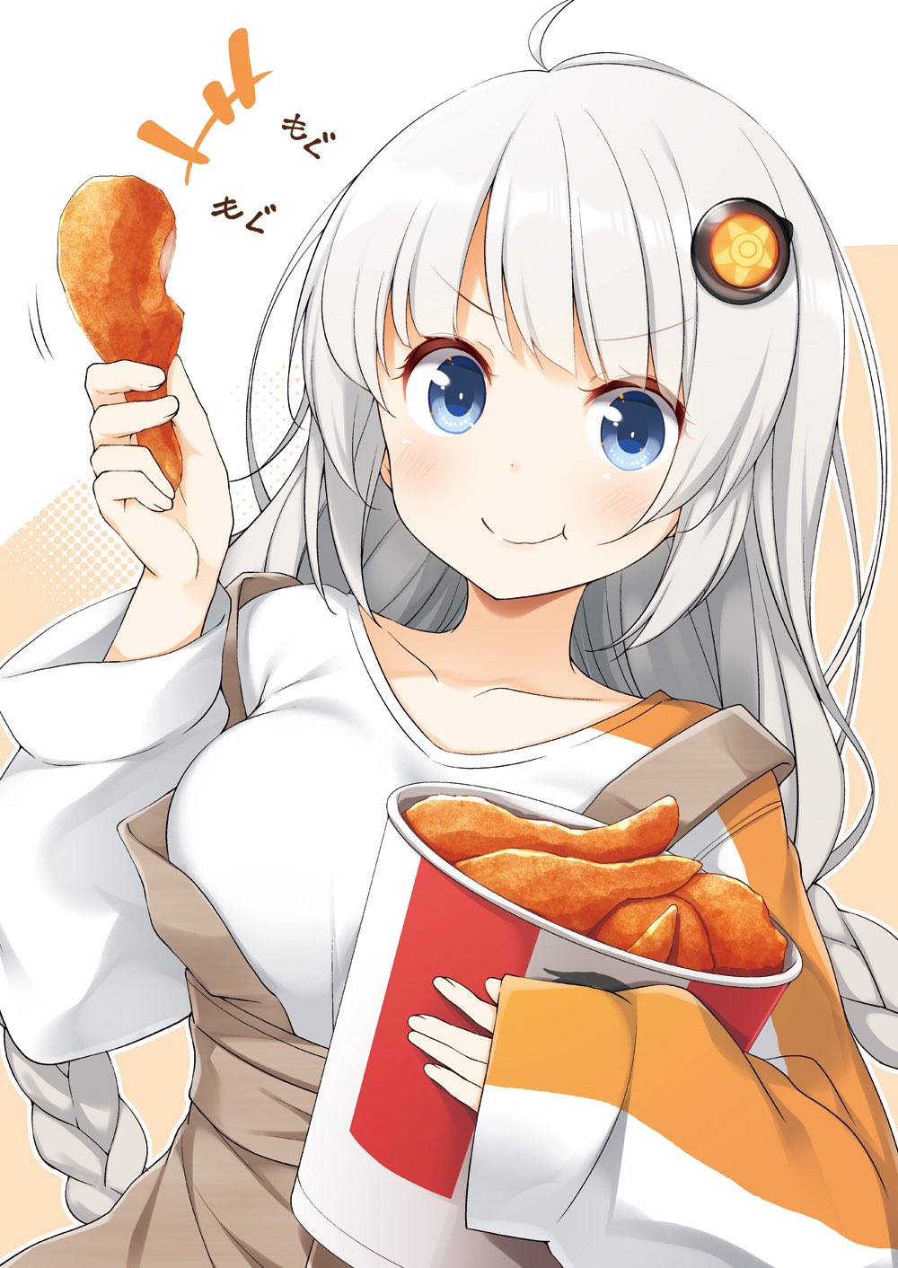 1girl a.i._voice blue_eyes blush braid breasts brown_skirt closed_mouth collarbone eating eyebrows_visible_through_hair food fried_chicken hair_ornament highres holding holding_food kfc kizuna_akari large_breasts long_hair long_sleeves motion_lines shirt silver_hair skirt smile solo suspender_skirt suspenders twin_braids upper_body vocaloid voiceroid white_shirt yume_no_owari