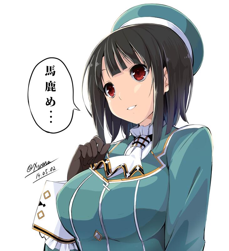 1girl arm_under_breasts bangs beret black_gloves black_hair blue_headwear breasts closed_mouth gloves grey_background hat high_collar highres kantai_collection large_breasts military military_uniform red_eyes short_hair takao_(kantai_collection) uniform white_neckwear xwara