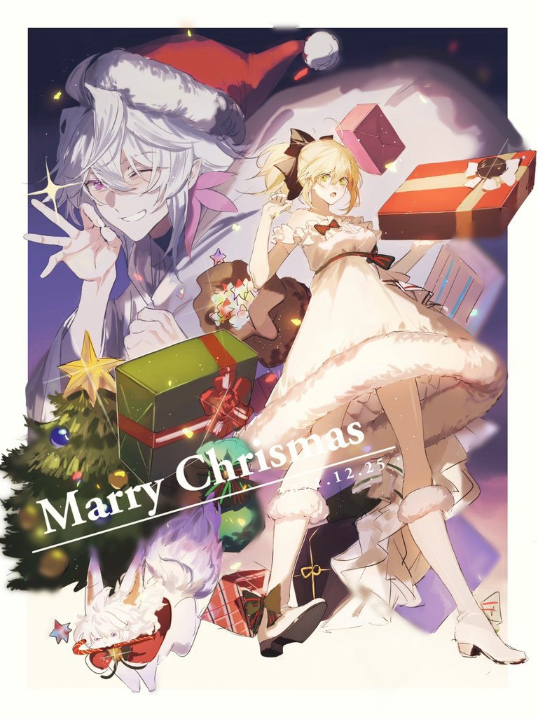 1boy 1girl ahoge alternate_costume artoria_pendragon_(fate) bangs bare_shoulders black_bow blonde_hair boots border bow box bsq candy candy_cane christmas christmas_tree creature dated dress elbow_gloves english_text engrish_text eyebrows_visible_through_hair fate/grand_order fate_(series) food fou_(fate) frilled_dress frills full_body fur-trimmed_boots fur-trimmed_dress fur_trim gift gift_box gloves green_eyes hair_between_eyes hair_bow hat holding holding_sack looking_at_viewer merlin_(fate) merry_christmas mouth_hold one_eye_closed open_mouth outside_border ponytail ranguage red_headwear robe saber_lily sack saint_quartz_(fate) santa_hat sidelocks sleeveless sleeveless_dress smile symbol-only_commentary teeth violet_eyes white_border white_dress white_footwear white_gloves white_hair white_robe