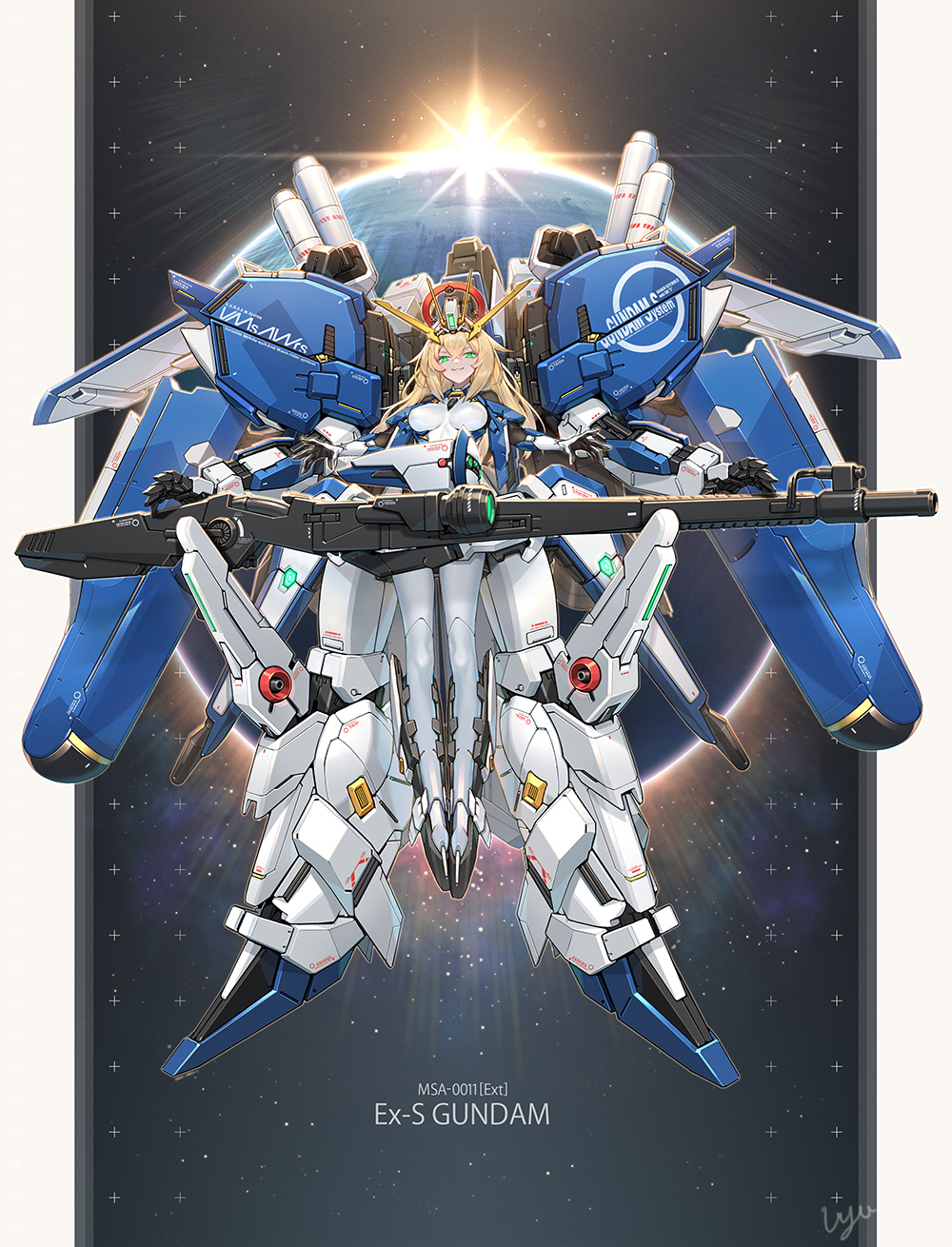 1girl beam_rifle blonde_hair bodysuit character_name earth_(planet) energy_gun ex-s_gundam green_eyes gundam gundam_sentinel highres long_hair looking_at_viewer mecha mecha_musume planet shirousagi_uyu smile weapon