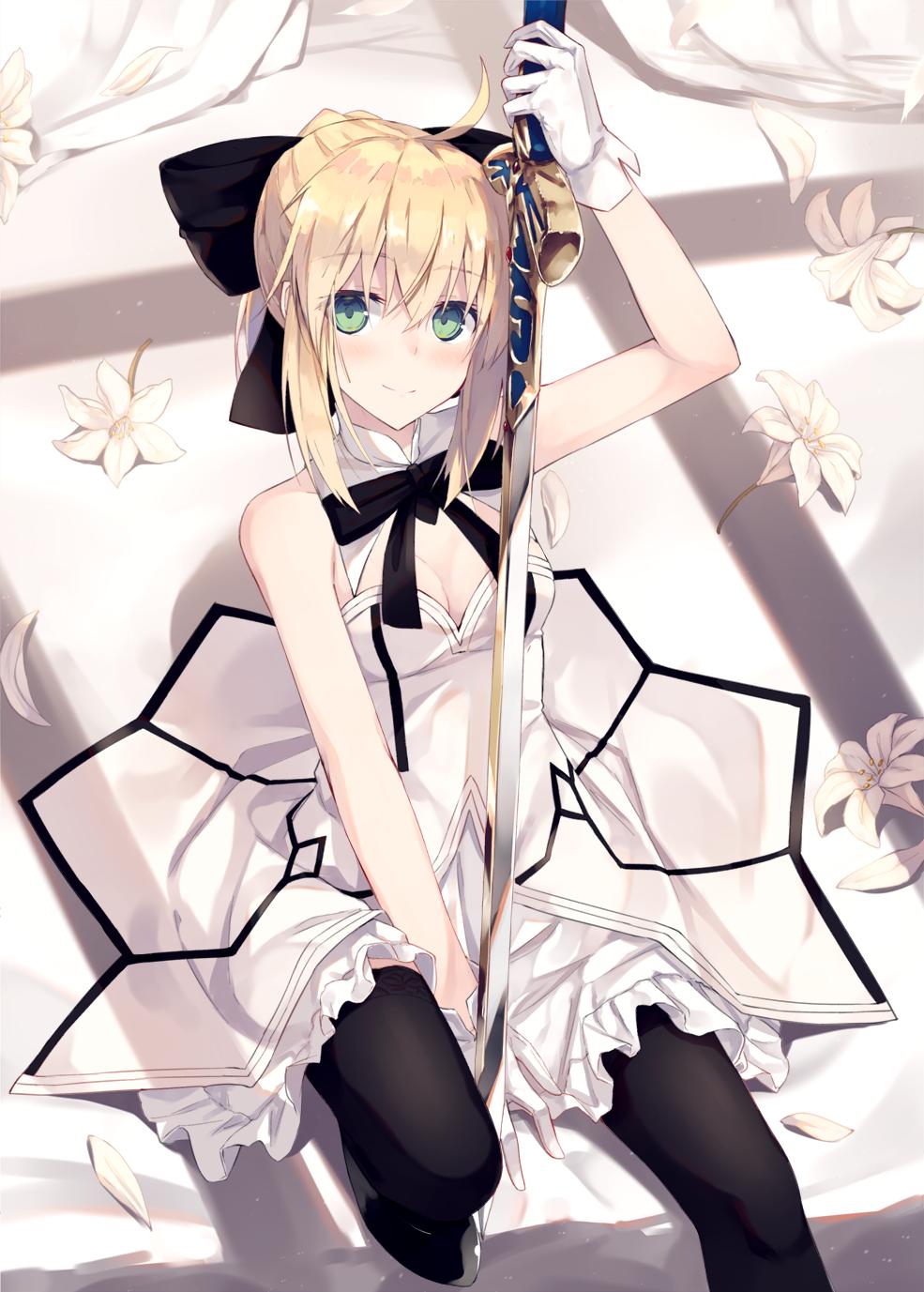 1girl armor armored_dress artoria_pendragon_(all) black_bow blonde_hair blue_sky bow breastplate clouds day dress excalibur eyebrows_visible_through_hair fate/unlimited_codes fate_(series) faulds floating_hair gauntlets green_eyes hair_between_eyes hair_bow hands_on_hilt highres lemon_mito long_hair looking_at_viewer outdoors petals ponytail saber_lily signature sky sleeveless sleeveless_dress smile solo standing white_dress