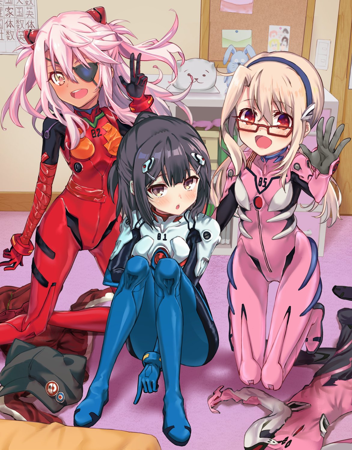 3girls :d badge bangs black_bodysuit black_eyepatch black_gloves black_hair black_headwear blonde_hair blue_bodysuit blush bodysuit boshi_(a-ieba) breasts brown_eyes button_badge chloe_von_einzbern clothes_removed commentary_request cosplay dark-skinned_female dark_skin evangelion:_3.0_you_can_(not)_redo eyebrows_visible_through_hair eyepatch fate/kaleid_liner_prisma_illya fate_(series) full_body glasses gloves grey_background hair_between_eyes hair_ornament hairband hand_up hat highres ikari_shinji ikari_shinji_(cosplay) illyasviel_von_einzbern jacket jacket_removed kneeling knees_up long_hair long_sleeves looking_at_viewer low_twintails makinami_mari_illustrious makinami_mari_illustrious_(cosplay) medium_hair miyu_edelfelt multicolored_clothes multicolored_jacket multiple_girls neon_genesis_evangelion open_mouth orange_eyes pink_bodysuit pink_hair plugsuit ponytail rebuild_of_evangelion red-framed_eyewear red_bodysuit red_jacket semi-rimless_eyewear shiny shiny_hair sidelocks small_breasts smile souryuu_asuka_langley souryuu_asuka_langley_(cosplay) standing twintails two-tone_jacket two_side_up white_bodysuit white_jacket