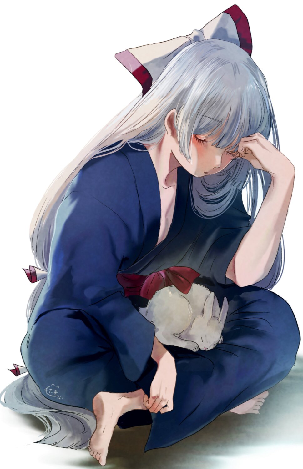 1girl alternate_costume animal arm_up bangs barefoot blue_kimono blunt_bangs blush bow closed_eyes collarbone commentary eyebrows_visible_through_hair eyelashes fujiwara_no_mokou hair_bow hair_over_shoulder head_rest highres hime_cut holding holding_animal indian_style japanese_clothes kimono long_hair long_sleeves mokoiscat parted_lips rabbit red_bow red_sash sash sidelocks signature silver_hair simple_background sitting sitting_on_hair sleeping solo touhou two-tone_bow very_long_hair white_background white_bow white_hair