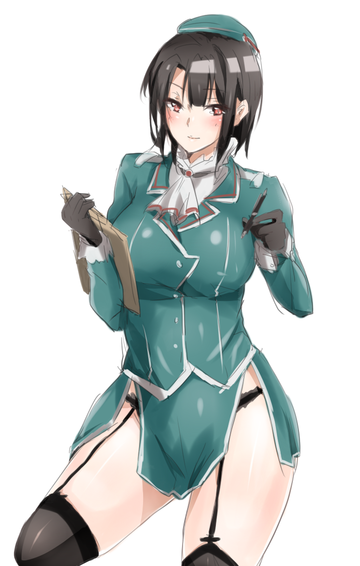 1girl arm_under_breasts bangs beret black_gloves black_hair blue_headwear breasts closed_mouth gloves grey_background hat high_collar highres kantai_collection large_breasts military military_uniform moginiki red_eyes short_hair takao_(kantai_collection) uniform white_neckwear
