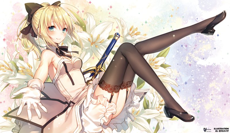 1girl :o absurdres ahoge armor armored_boots armored_dress artoria_pendragon_(all) bangs black_bow blonde_hair blush boots bow breastplate caliburn caliburn_(fate) dress eyebrows_visible_through_hair fate/grand_order fate/unlimited_codes fate_(series) gauntlets green_eyes hair_between_eyes hair_bow highres holding holding_sword holding_weapon long_hair nanodes_109 parted_lips ponytail saber_lily scan sidelocks solo standing sword weapon white_dress