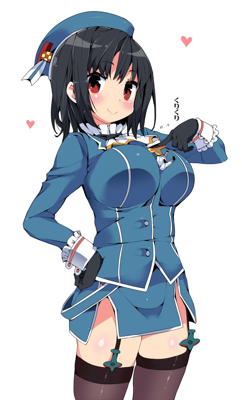 1girl arm_under_breasts bangs beret black_gloves black_hair blue_headwear breasts closed_mouth gloves grey_background hat high_collar highres kantai_collection kara3352 large_breasts military military_uniform red_eyes short_hair takao_(kantai_collection) uniform white_neckwear