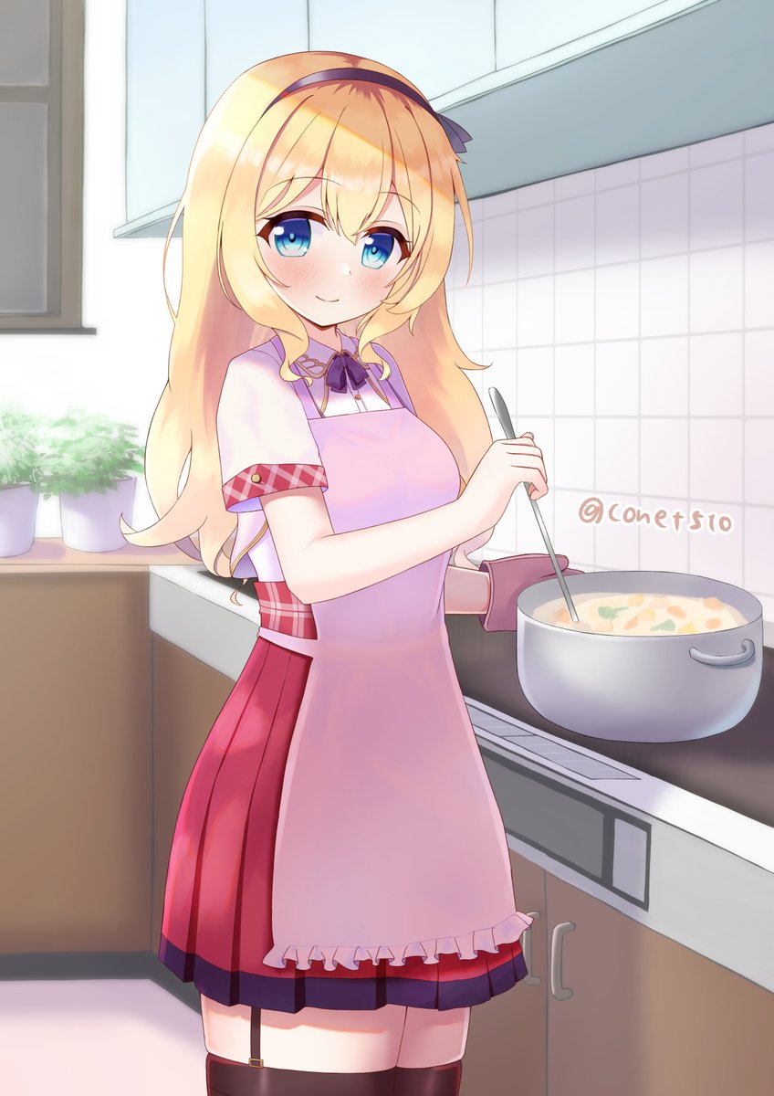 1girl apron azur_lane bangs blonde_hair blue_eyes blush breasts commentary_request commission conet510 cooking garter_straps gloves hairband high-waist_skirt highres kitchen leander_(azur_lane) long_hair looking_at_viewer plaid_trim pleated_skirt pot puffy_short_sleeves puffy_sleeves retrofit_(azur_lane) shirt short_sleeves skeb_commission skirt smile solo stove thigh-highs twitter_username white_shirt