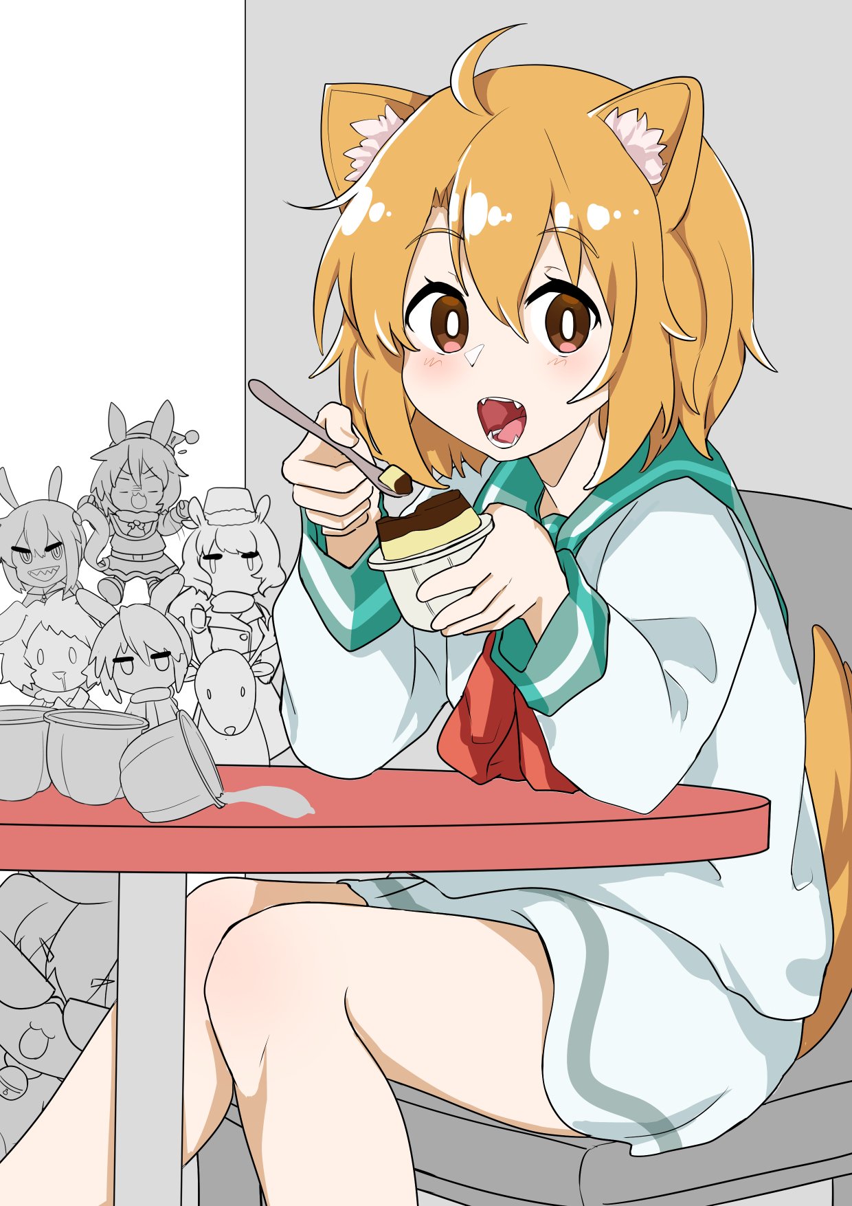 100_percent_orange_juice 6+girls ahoge animal_ears aqua_sailor_collar aru_(qp_shooting) blouse blush brown_hair custard dog_ears dog_girl dog_tail eyebrows_visible_through_hair fang food hat highres holding holding_spoon looking_at_viewer marie_poppo_(orange_juice) multiple_girls neckerchief open_mouth orange_hair orange_tail pudding qp qp_shooting rabbit_girl red_neckerchief sailor_collar santa_hat school_uniform serafuku short_hair sitting skirt sleepyowl_(jobkung15) spoon tail unfinished white_blouse white_skirt