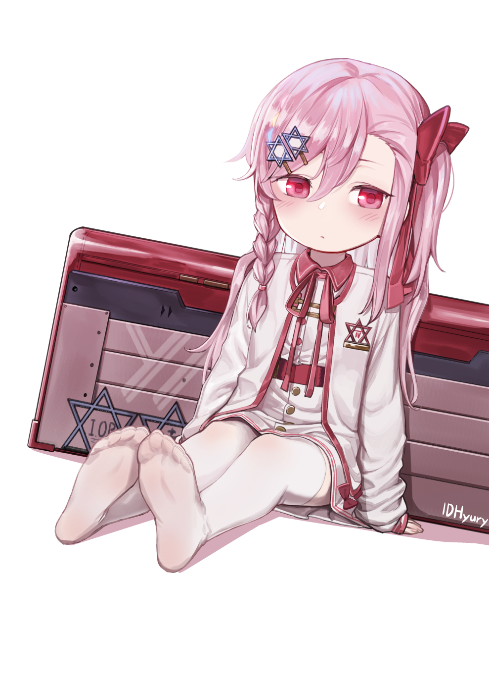 1girl blush bow braid commentary dress full_body girls_frontline hair_bow hair_ornament hairclip hexagram highres hyury jacket looking_at_viewer negev_(girls'_frontline) negev_(little_drifter)_(girls'_frontline) no_shoes official_alternate_costume pink_hair red_eyes simple_background sitting soles solo star_of_david thigh-highs twitter_username weapon_case white_background white_dress white_jacket white_legwear younger