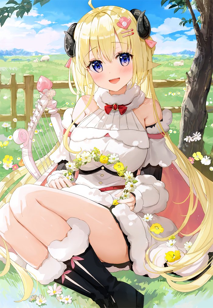 1girl :d ahoge black_footwear blonde_hair blush boots clouds dress fence flower flower_wreath fur-trimmed_dress fur-trimmed_footwear fur_trim fuumi_(radial_engine) grass hair_ornament hairclip harp hololive horns instrument long_hair outdoors sheep sheep_horns sitting sky smile solo tree tsunomaki_watame very_long_hair violet_eyes virtual_youtuber white_dress