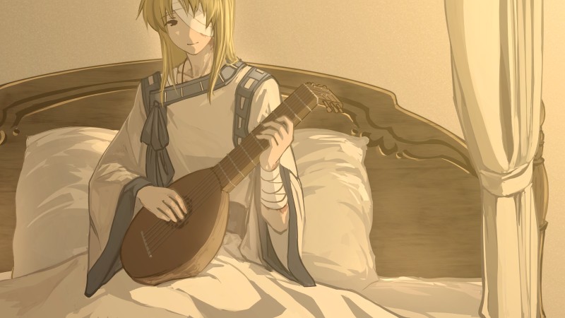 1boy bad_id bad_pixiv_id bandage_over_one_eye bandaged_arm bandages bealphareth bed blanket blonde_hair character_request closed_mouth collarbone commentary_request curtains day harusame_(rueken) holding holding_instrument indoors instrument light_smile long_hair long_sleeves looking_at_viewer lute_(instrument) male_focus on_bed one_eye_covered pillow sitting solo sunlight under_covers white_curtains wide_sleeves