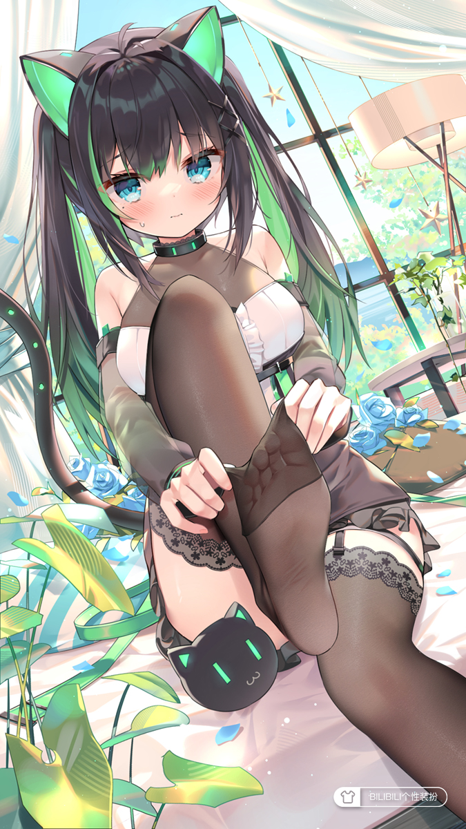 1girl animal_ears bed black_hair blue_eyes cat_ears cat_tail chen_bin feet garter_straps highres long_hair looking_at_viewer multicolored_hair no_shoes original sheer_legwear soles tail toes twintails virtual_youtuber