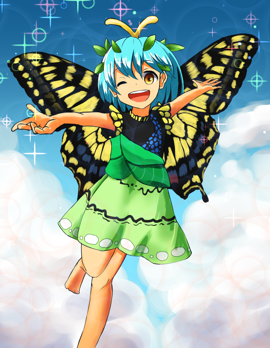 1girl antennae aqua_hair bad_anatomy bad_leg barefoot butterfly_wings dress eternity_larva eyebrows_visible_through_hair fairy green_dress hair_between_eyes highres kusamochi leaf leaf_on_head multicolored_clothes multicolored_dress one_eye_closed open_mouth outstretched_arms round_teeth short_hair short_sleeves single_strap smile solo spread_arms teeth touhou upper_teeth wings yellow_eyes