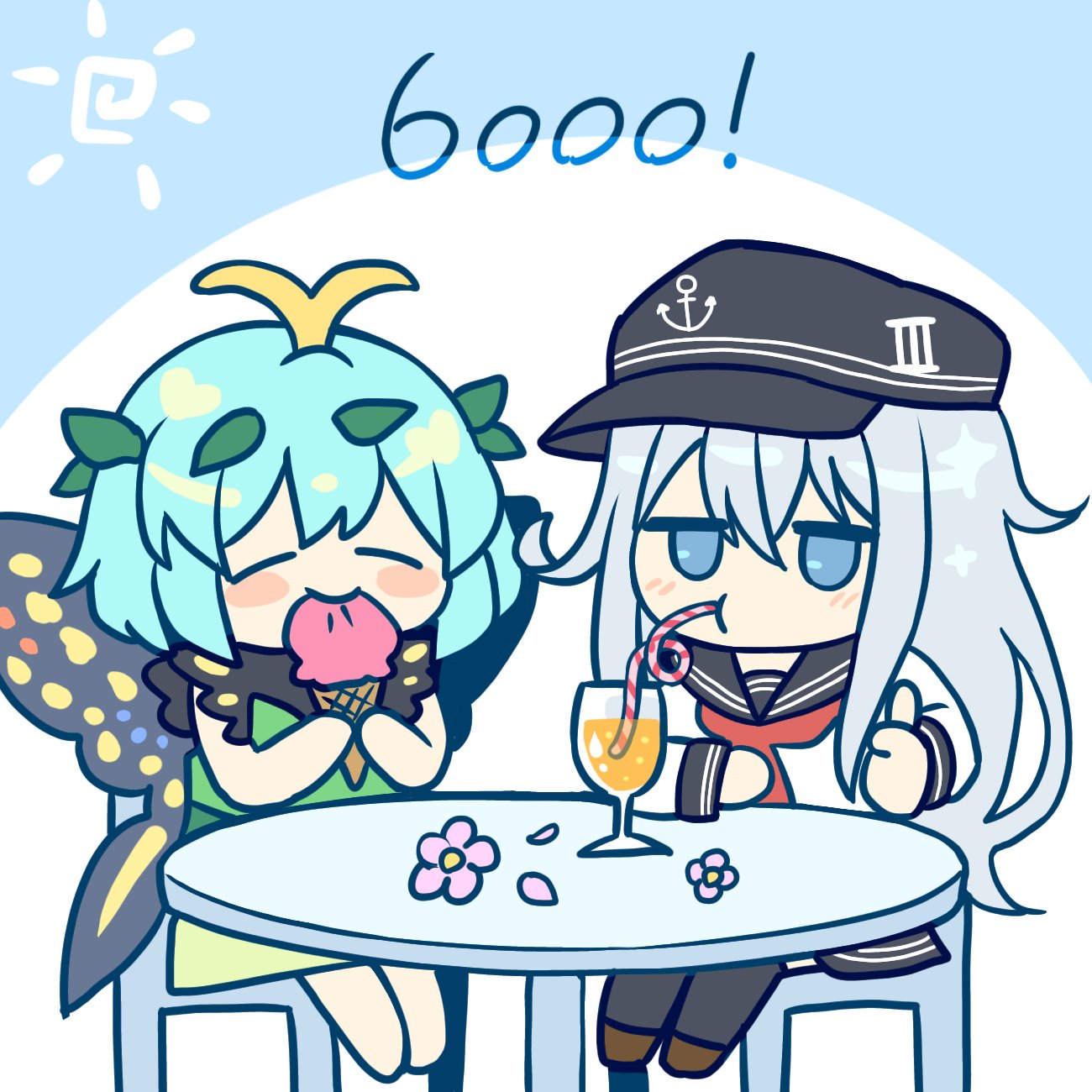 2girls anchor_symbol antennae aqua_hair barefoot black_headwear black_legwear black_sailor_collar black_skirt blue_eyes blush blush_stickers brown_footwear butterfly_wings caramell0501 chair chibi closed_eyes closed_mouth crossover cup dress drink drinking drinking_glass drinking_straw drinking_straw_in_mouth eating eternity_larva fairy flat_cap flower food green_dress hair_between_eyes hat hibiki_(kancolle) highres holding holding_food ice_cream kantai_collection leaf leaf_on_head long_hair long_sleeves multicolored_clothes multicolored_dress multiple_girls neckerchief pink_flower red_neckerchief sailor_collar school_uniform serafuku shoes short_hair silver_hair single_strap sitting skirt smile thigh-highs thumbs_up touhou wings