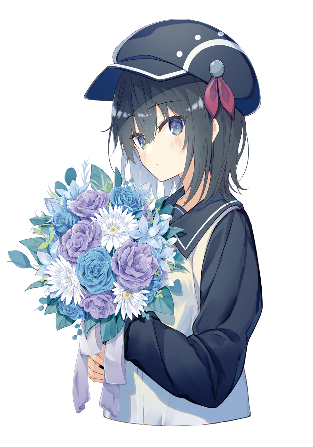 1girl bangs black_hair black_headwear black_shirt blue_eyes blue_flower blue_rose bouquet bow cabbie_hat closed_mouth commentary cropped_torso dress english_commentary eyebrows_visible_through_hair flower hair_between_eyes hat highres holding holding_bouquet kavka long_sleeves original purple_bow purple_flower purple_rose rose shirt sleeveless sleeveless_dress solo upper_body white_dress