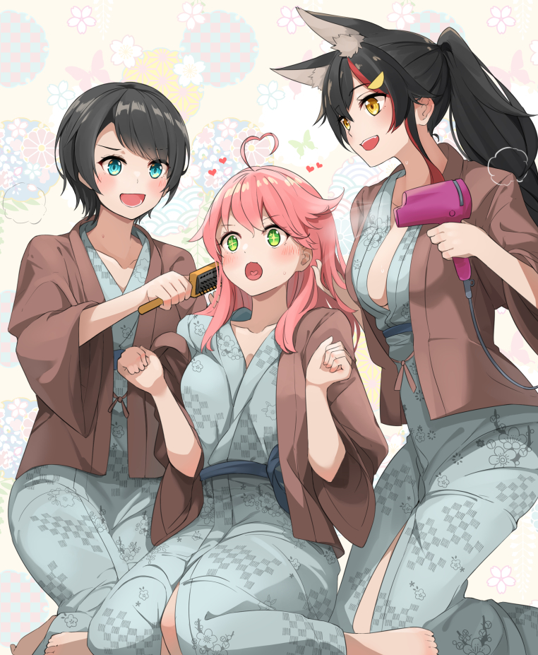 +_+ 3girls :d ahoge animal_ears bangs barefoot black_hair blue_eyes blue_kimono blush breasts brown_eyes brown_jacket commentary_request eyebrows_visible_through_hair floral_print green_eyes hair_brush hair_brushing hair_dryer hair_ornament heart heart_ahoge heart_in_mouth holding holding_hair holding_hair_dryer hololive jacket japanese_clothes kimono kneeling long_hair long_sleeves looking_at_another multicolored_hair multiple_girls ookami_mio oozora_subaru pink_hair ponytail redhead sakura_miko sash short_hair smile sora_no_tori streaked_hair virtual_youtuber wide_sleeves wolf_ears