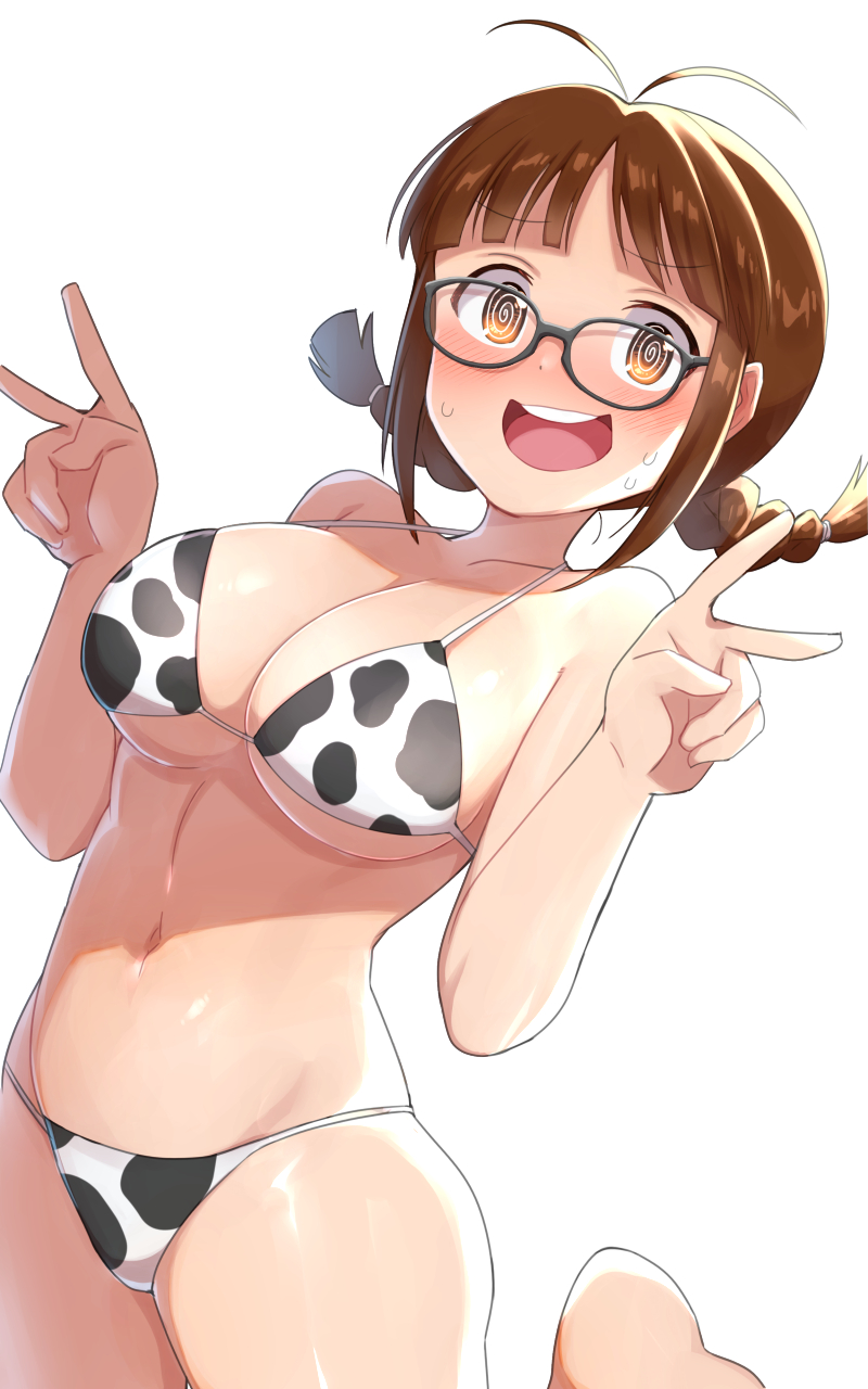 1girl @_@ akizuki_ritsuko animal_print antenna_hair bikini black-framed_eyewear braid breasts brown_hair commentary_request cow_print double_v glasses highres idolmaster idolmaster_(classic) konboi-eg large_breasts looking_at_viewer multiple_girls navel open_mouth short_hair simple_background solo standing standing_on_one_leg swimsuit twin_braids v white_background white_bikini