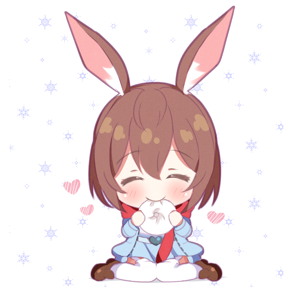 1girl ^_^ amiya_(arknights) animal_ear_fluff animal_ear_legwear animal_ears arknights bangs baozi blue_jacket blue_skirt blush brown_footwear brown_hair bunny_ear_legwear chibi closed_eyes closed_mouth commentary eating eyebrows_visible_through_hair facing_viewer food full_body hair_between_eyes heart holding holding_food jacket loafers open_clothes open_jacket pleated_skirt rabbit_ears rebaa red_scarf scarf shadow shoes simple_background sitting skirt snowflake_background solo thigh-highs wariza white_background white_legwear