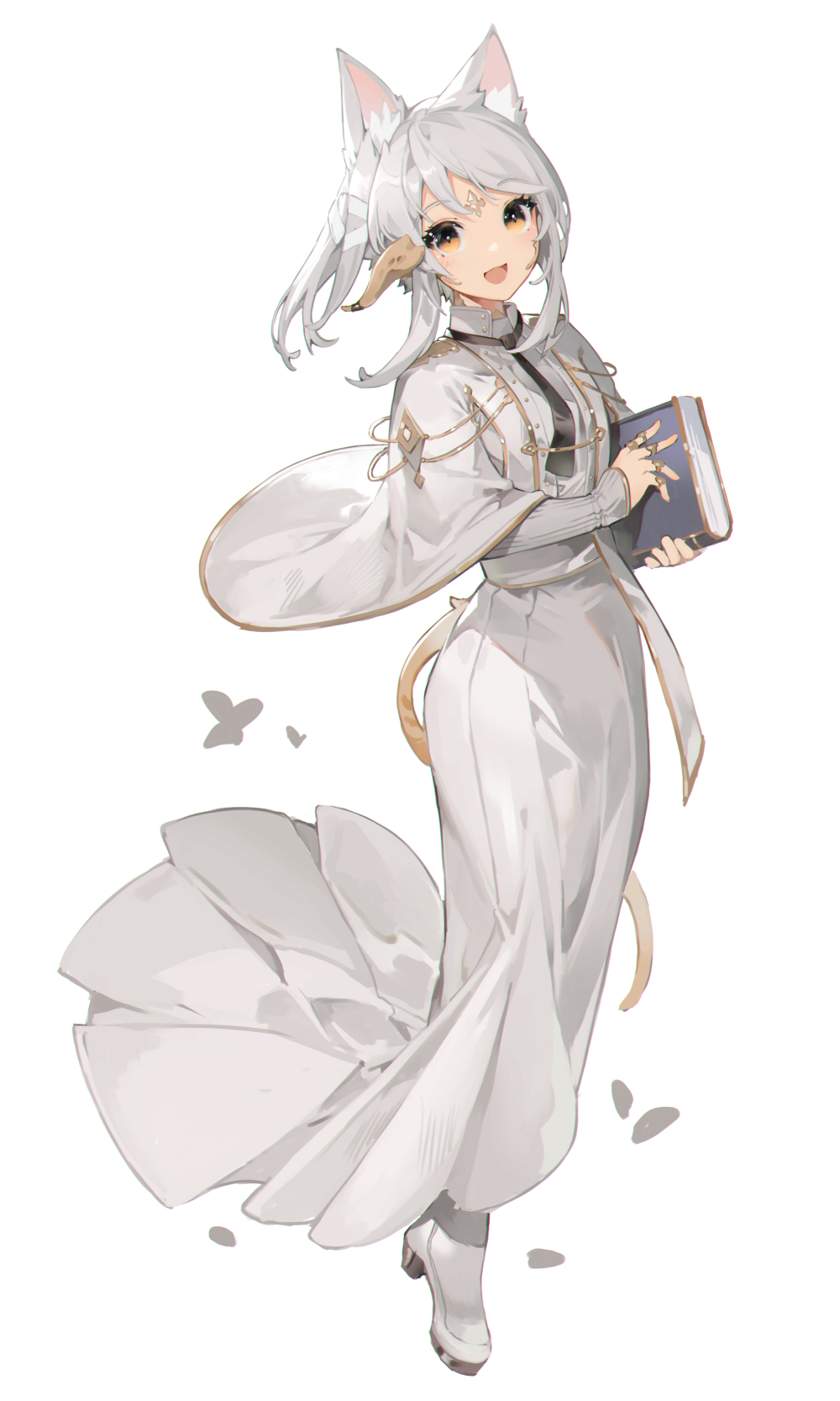 1girl :d akizone au_ra bangs book breasts cheeze_(akizone) eyebrows_visible_through_hair final_fantasy final_fantasy_xiv full_body grey_hair highres holding holding_book horns long_sleeves looking_at_viewer medium_hair petals shoes short_hair simple_background smile solo tail white_background
