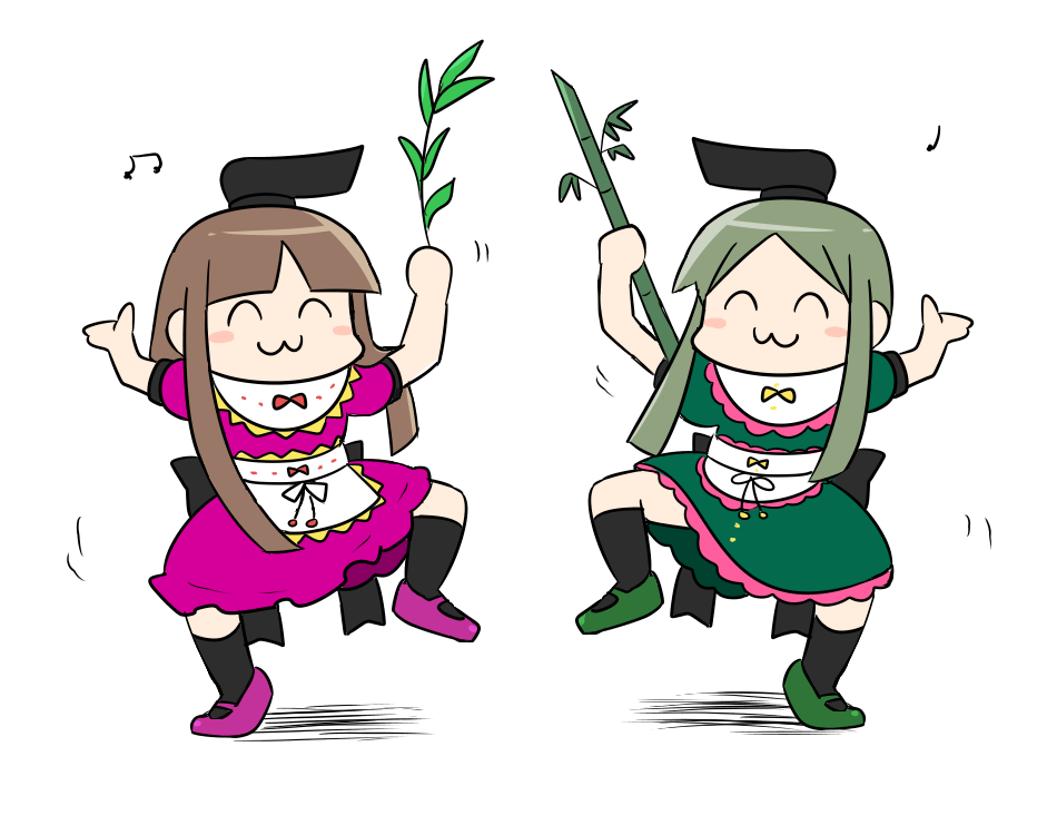 2girls apron arms_up back_bow bamboo bangs black_bow black_headwear black_legwear blush blush_stickers bow brown_hair closed_eyes closed_mouth dancing dress eyebrows_visible_through_hair green_dress green_footwear green_hair hands_up hat kasugai_(de-tteiu) leg_up multiple_girls nishida_satono pink_dress pink_footwear plant puffy_short_sleeves puffy_sleeves red_bow shoes short_hair short_hair_with_long_locks short_sleeves simple_background smile socks standing standing_on_one_leg tanabata teireida_mai touhou white_apron white_background yellow_bow
