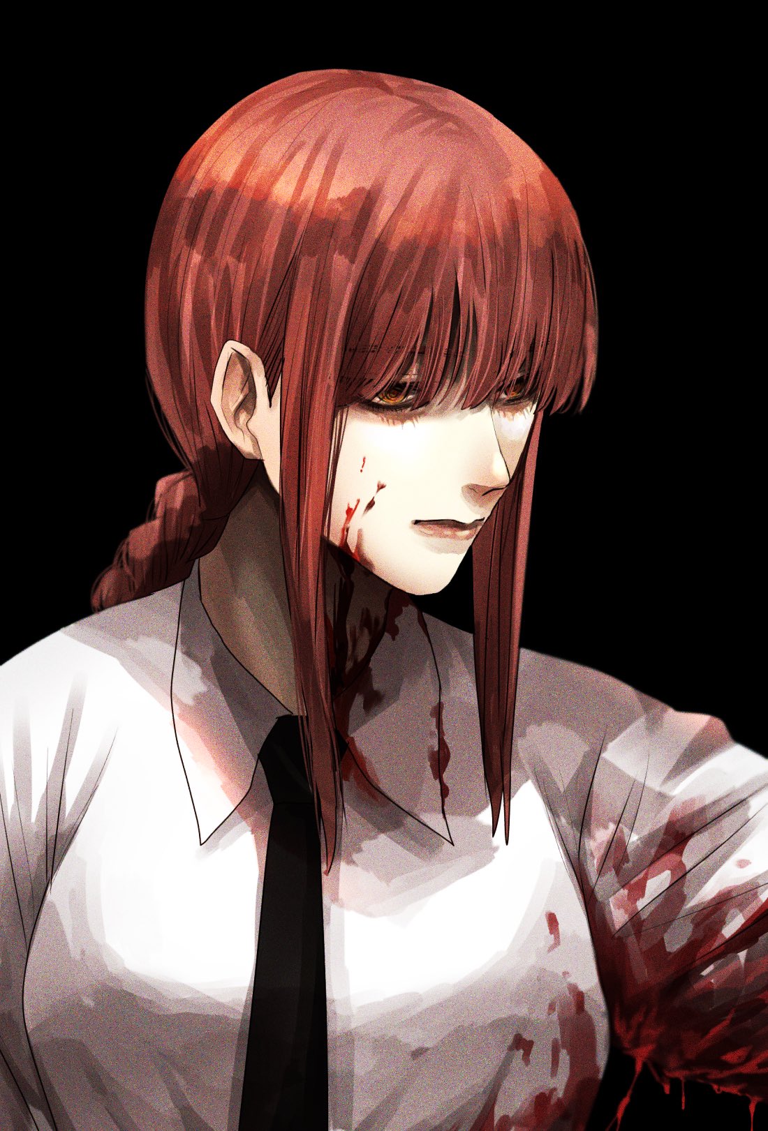 1girl bangs black_background black_necktie black_neckwear blood blood_on_clothes braid braided_ponytail breasts chainsaw_man collared_shirt formal highres hoshi_san_3 long_hair long_sleeves makima_(chainsaw_man) medium_breasts necktie redhead ringed_eyes shirt simple_background solo suit white_shirt yellow_eyes