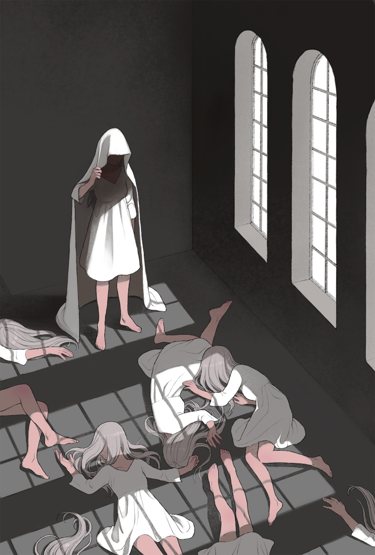 6+girls barefoot blanket dress from_above grey_hair hair_spread_out indoors light long_hair lying multiple_girls original out_of_frame room shaded_face shadow shokugyo standing white_dress window
