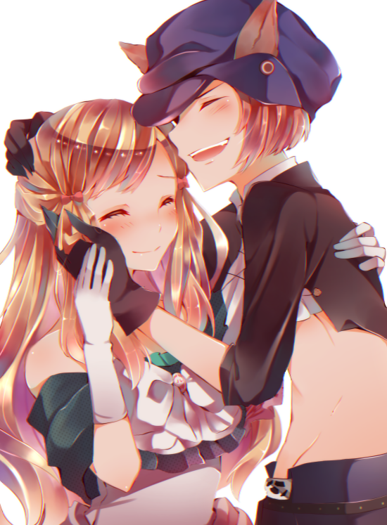1boy 1girl animal_ears ascot bare_shoulders black_gloves black_jacket black_wolves_saga blonde_hair blue_headwear blush bow brooch brown_hair closed_eyes closed_mouth crop_top dress ears_through_headwear fiona_galland gloves guillan_guinor hair_bow hand_on_another's_face hat hug jacket jewelry midriff necota116 open_mouth red_bow shorts simple_background smile symbol-only_commentary white_background white_gloves wolf_ears