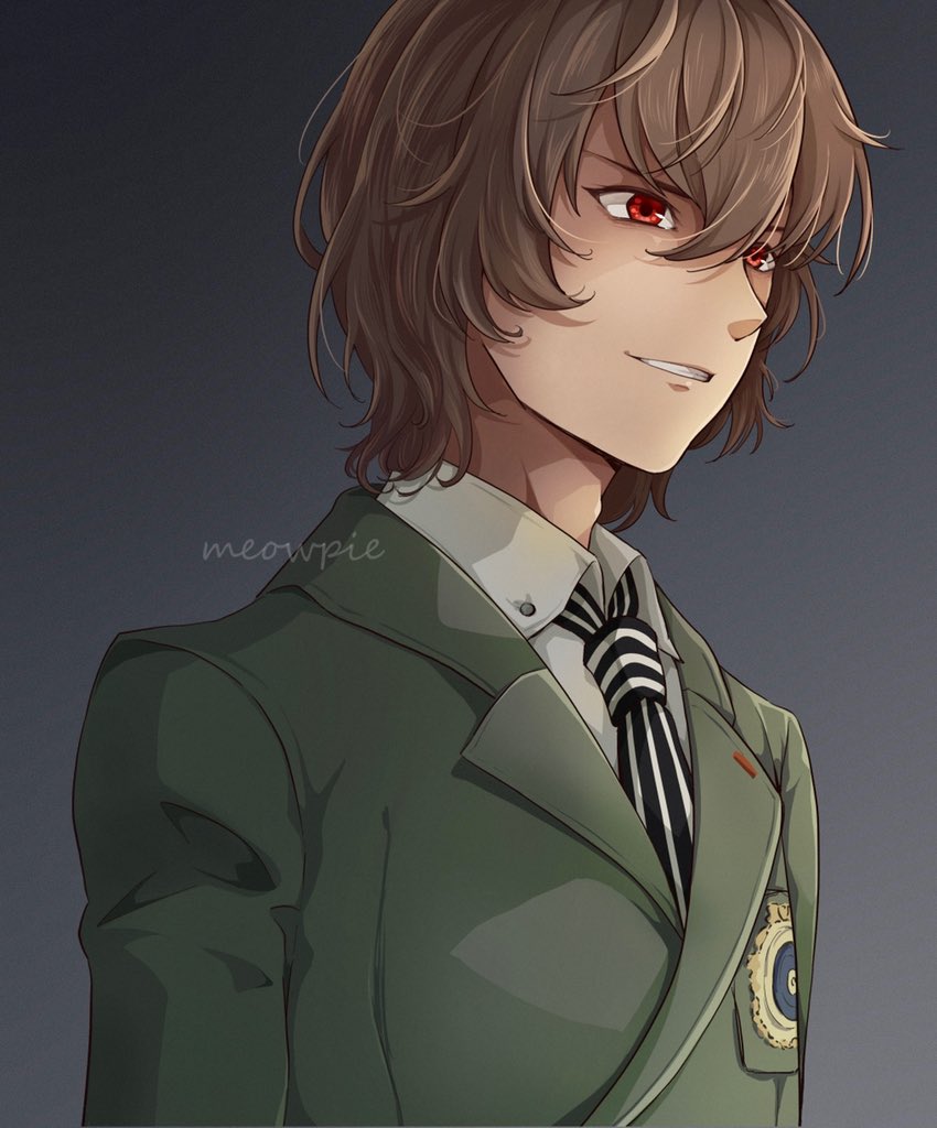 1boy akechi_gorou artist_name brown_eyes collar evil_grin evil_smile gradient gradient_background grey_background grin hair_between_eyes looking_to_the_side male_focus meowpie messy_hair military military_uniform necktie persona persona_5 red_eyes shaded_face short_hair simple_background smile solo standing striped_necktie uniform upper_body white_collar