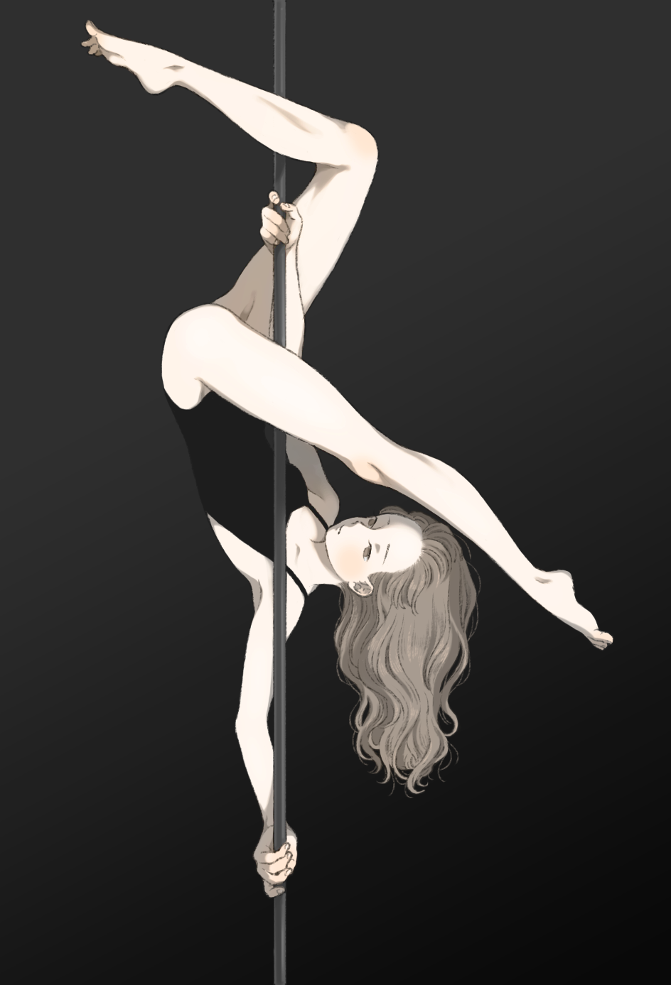 1girl bare_arms bare_legs barefoot black_background brown_eyes brown_hair expressionless highres leg_up leotard long_hair muted_color original pole pole_dancing shokugyo solo upside-down wavy_hair
