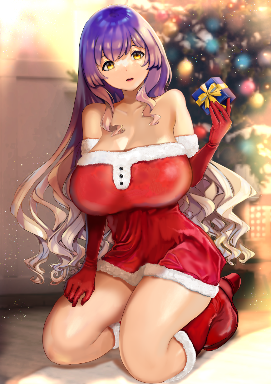 1girl bangs banned_artist bare_shoulders boots box breasts christmas_tree elbow_gloves eyebrows_behind_hair fur_trim gift gloves gradient_hair highres hijiri_byakuren holding holding_gift indoors kneeling large_breasts light_particles long_hair multicolored_hair poko_(mammypoko) purple_hair santa_dress solo touhou very_long_hair yellow_eyes