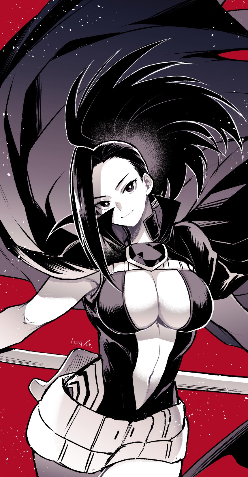 1girl boku_no_hero_academia breasts cape commentary_request cowboy_shot greyscale highres large_breasts leotard looking_at_viewer monochrome navel ponytail red_background simple_background sleeveless smile solo takatsuki_ichi watermark yaoyorozu_momo