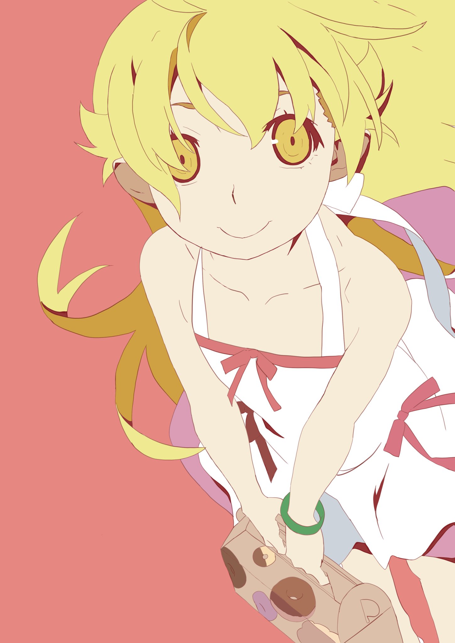 1girl blonde_hair box bracelet collarbone doughnut dress floating_hair food hair_between_eyes highres holding holding_box jewelry long_hair monogatari_(series) monogataryjune oshino_shinobu pastry_box pink_dress ribbon sleeveless smile solo white_dress yellow_eyes