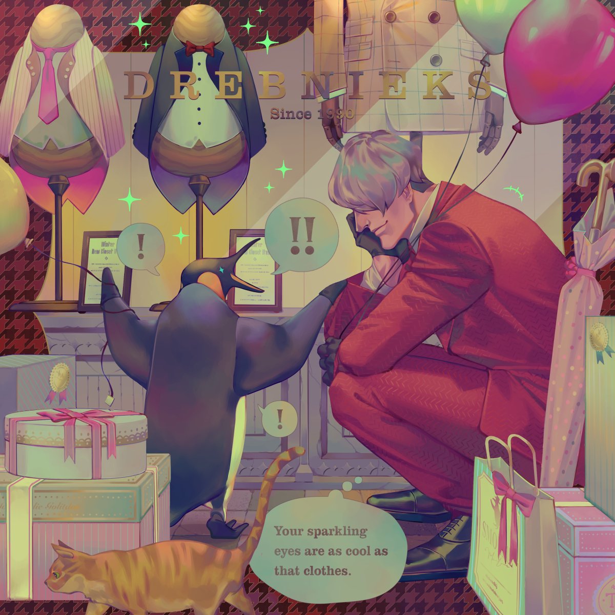! !! 1boy animal balloon bangs bird black_footwear black_gloves box cat closed_mouth formal gift gift_box gloves grey_hair hair_between_eyes hand_on_own_cheek hand_on_own_face head_rest highres holding holding_balloon jacket male_focus original pants penguin red_jacket red_pants red_suit reisei_zero short_hair smile squatting suit