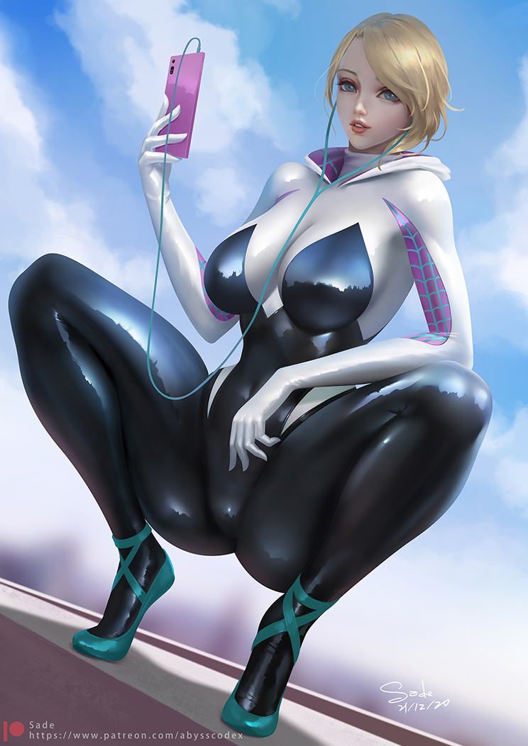 1girl artist_name ballet_slippers black_bodysuit blonde_hair blue_eyes bodysuit breasts clouds cloudy_sky earphones earphones hood hood_down large_breasts latex latex_bodysuit looking_at_viewer marvel nose open_mouth patreon_username patterned_clothing phone reflection reflective_clothes sade_abyss shiny shiny_clothes signature sky solo solo_focus spider-gwen spider-man_(series) spread_legs squatting teeth two-tone_bodysuit web_address white_bodysuit